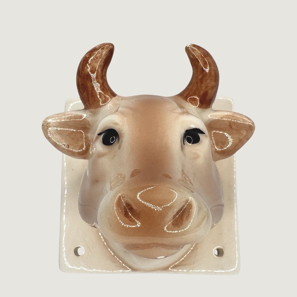Vintage Ceramic Cow Bull Head Wall Hook Towel Apron Hanger Farmhouse Decor